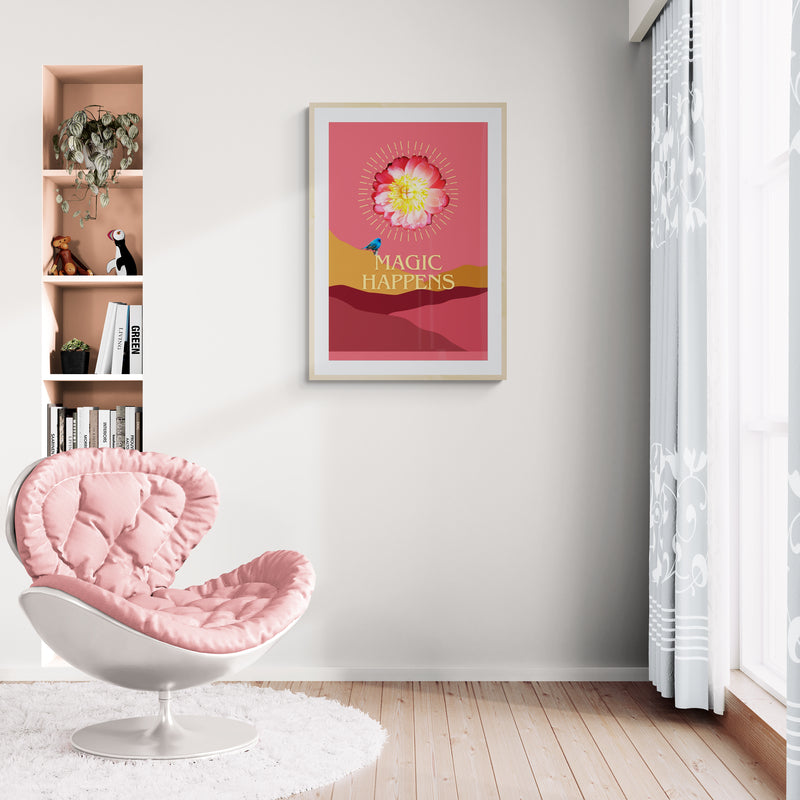 Magic Happens, Peony Flower, Poster Print, Wall Art, Printed on Premium Semi-Glossy Paper